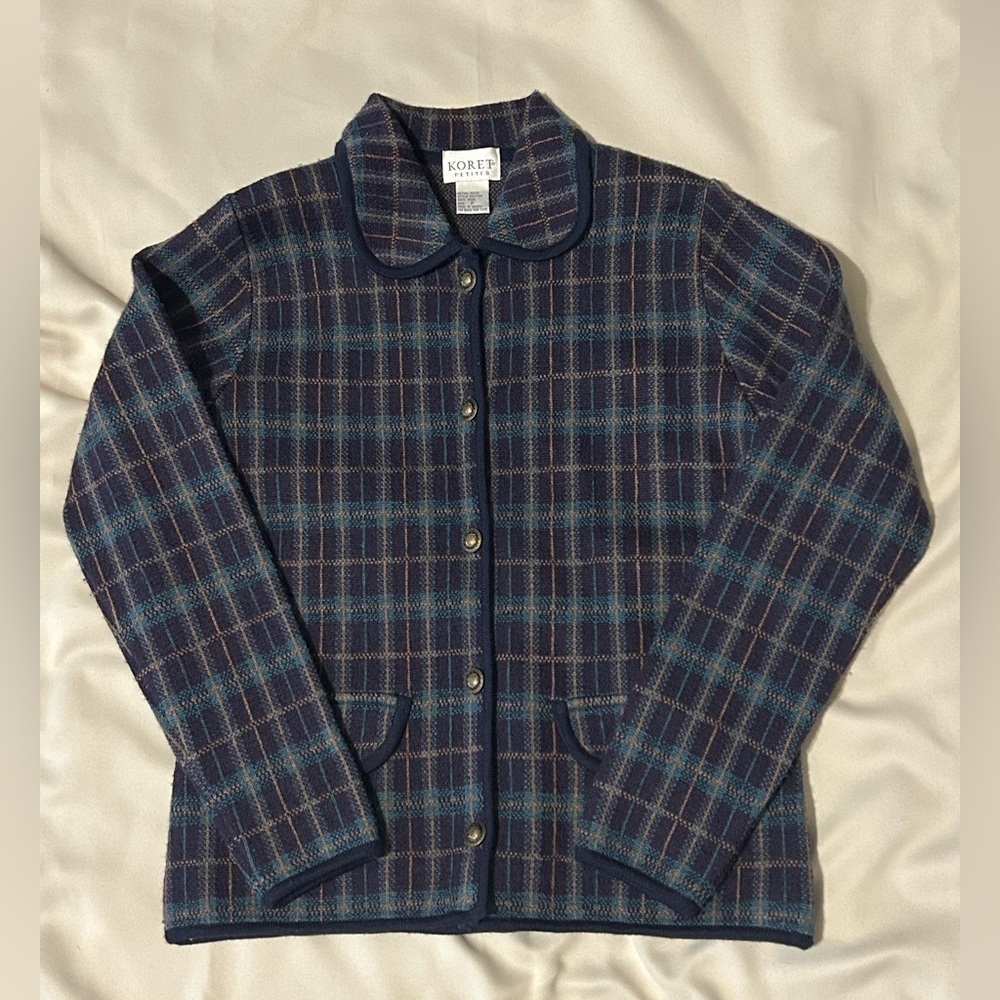 Vintage Koret Petite 100% Wool Collared Button Down Plaid Cardigan - MP